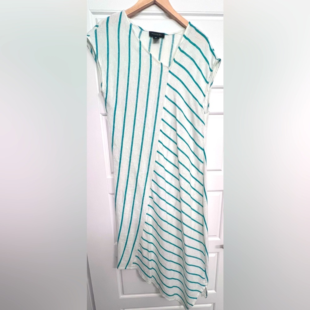 Tahari White & Green Linen Stripe Blend Midi Abstract Asymmetrical Dress. Size M